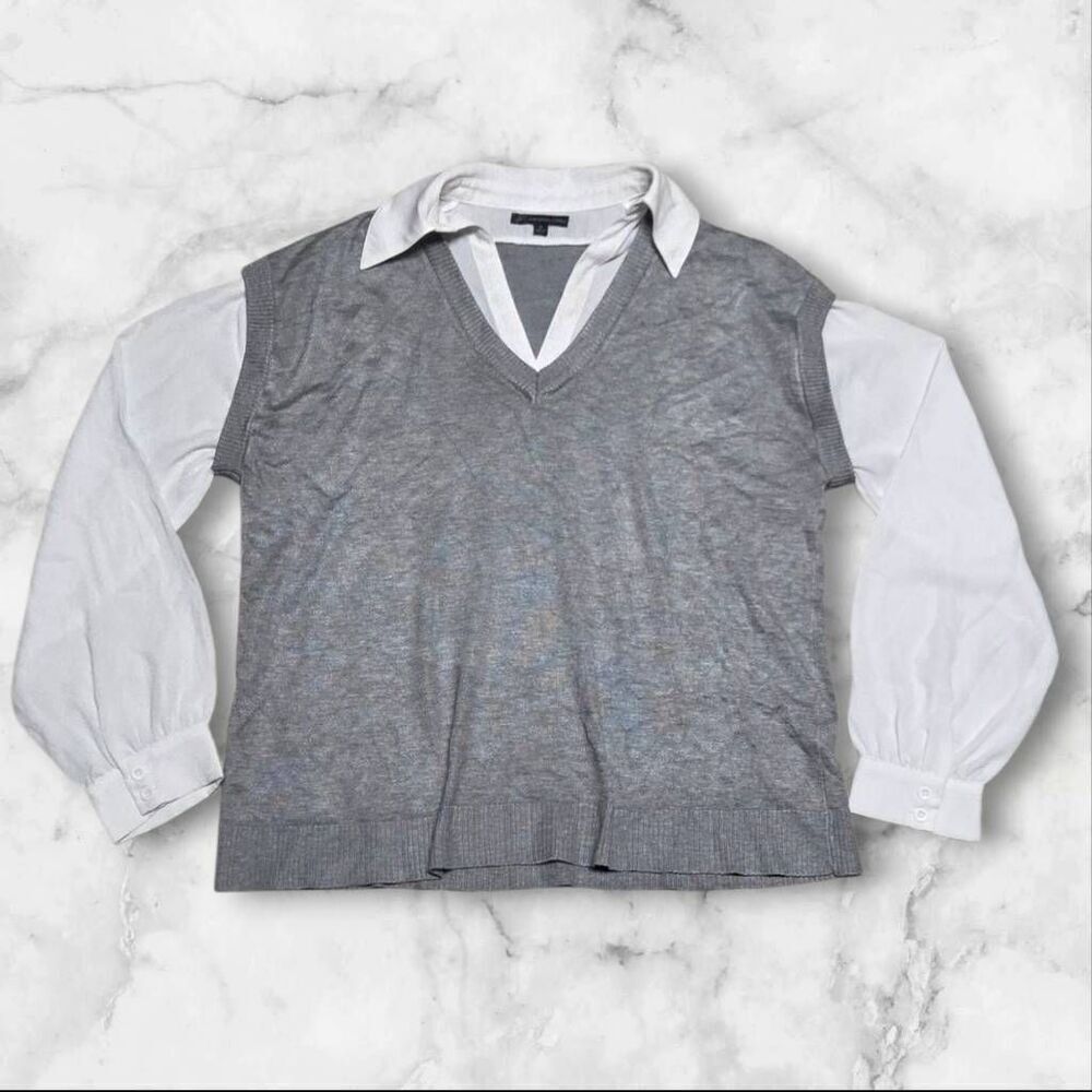 Adrianna Papell Medium Long Sleeve Gray & White Collared Shirt